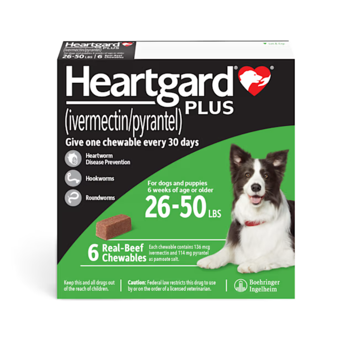 Heartgard-Heartgard Plus 犬用預防心絲蟲咀嚼配方 (26- 50lbs) (Green)6 Real Beef Chewables